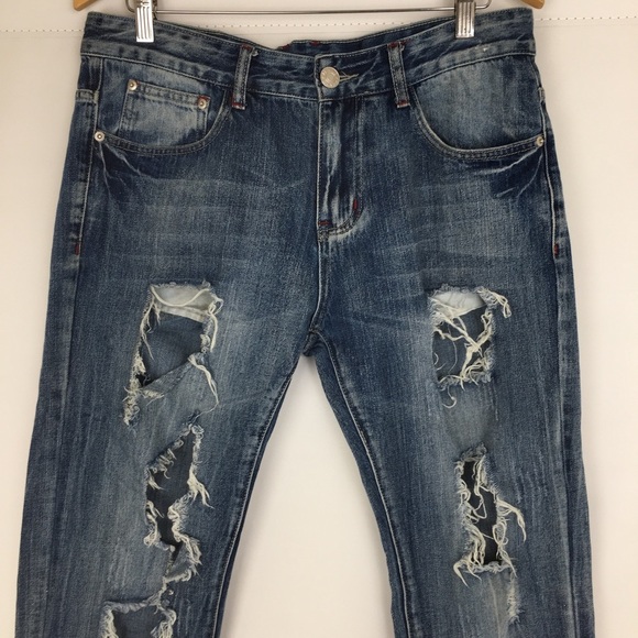 Ween Charm Men’s Distressed Jeans Ripped Blue Denim Size 34 Straight Leg - Picture 2 of 12